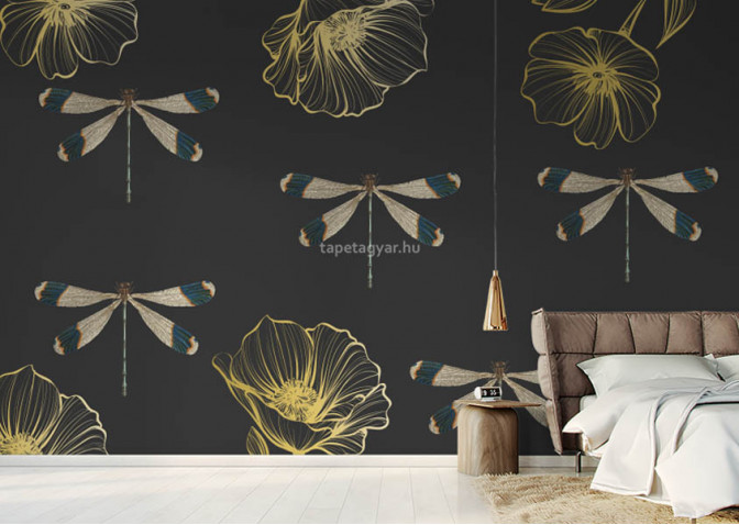 Design tapéta -Dragonfly with gold florals